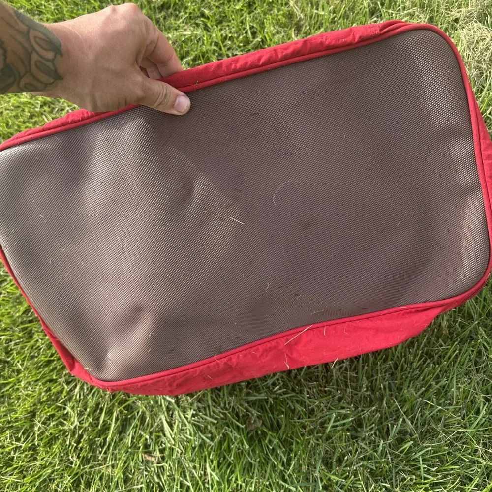 Vintage Marlboro Country Store Travel Duffle Bag Red Leather Straps Plaid Lined